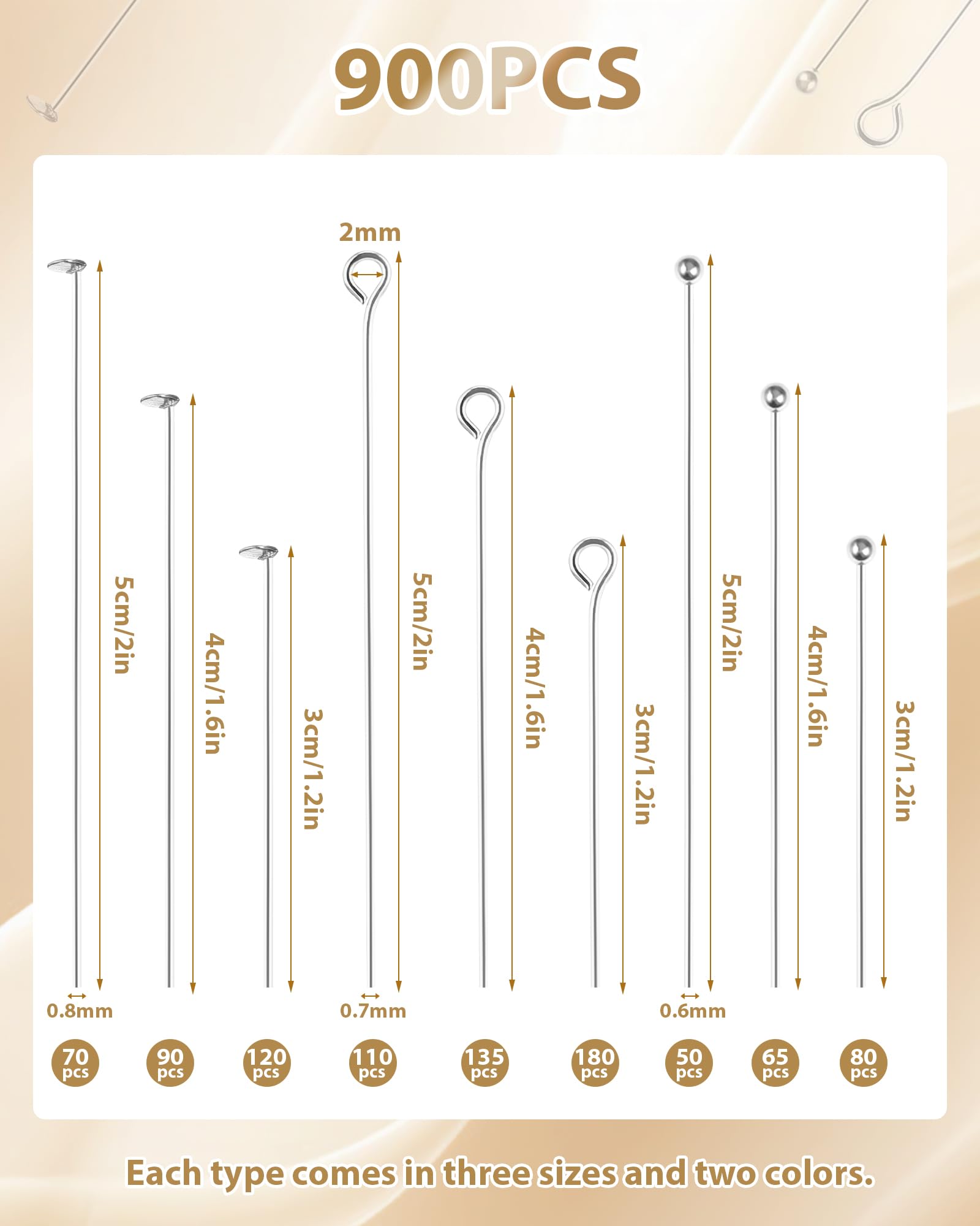 FIVEIZERO 900 PCS Eye Pins and Flat Head Pins for Jewelry Making, Metal Eyepins, Headpins & Ball Head Pins for DIY Earrings, Necklaces, Bracelets, Pendants, 1.2