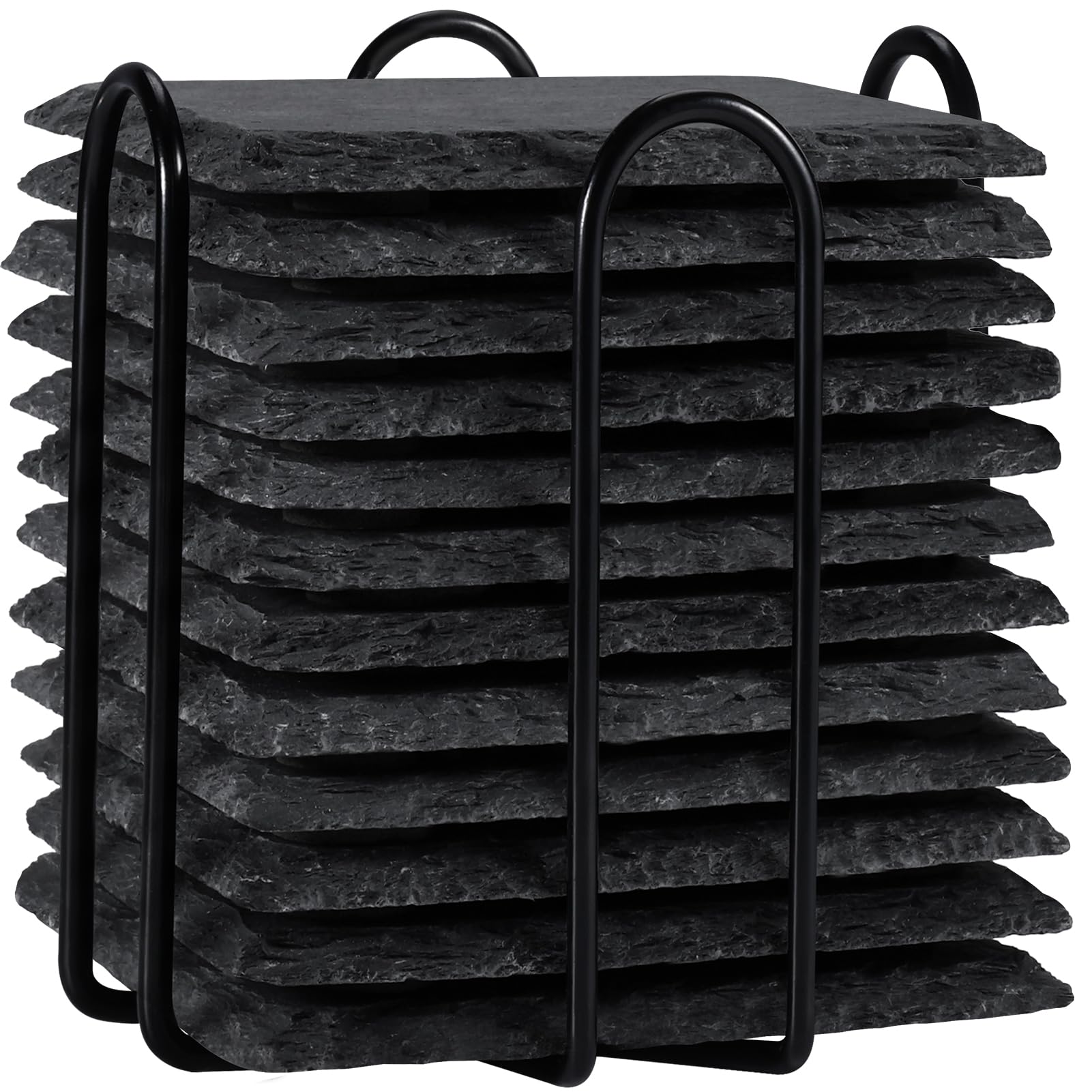 12 Pieces Slate Drink Coasters with Holder, WEWINK PLUS 4 Inch Square Black Stone Coasters Bulk Rock Rustic Coaster with Anti-Scratch Backing for Laser Engraving, Party, Gifts, Wedding, Home Decor