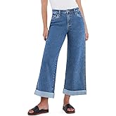 Sidefeel Women's Wide Leg Jeans High Waisted Stretchy Cropped Ankle Capri Rolled Hem Denim Pants