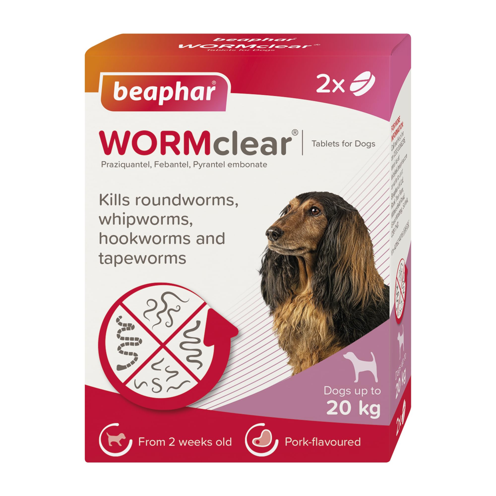 Beaphar - WORMclear® Tablets for Dogs up to 20kg - 2 Tablets - Kills All Common UK Intestinal Worms (Roundworms & Tapeworms) - Vet Strength Wormer - Pork-Flavoured - For dogs over 2 weeks old & 3kg
