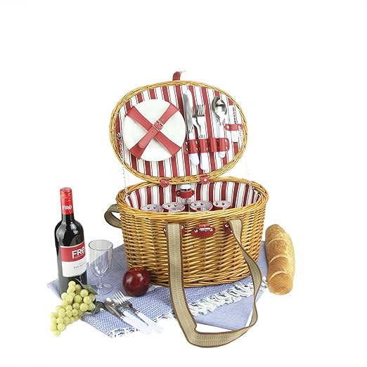 Northlight 4-Person Hand Woven Honey Willow Striped Picnic Basket Set with Accessories