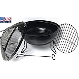 Willard & May Made in USA - Heavy Gauge Steel Fire Bowl with Fire Screen, Grate + Fire Poker Outdoor Living