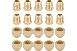 Dazakoot 20pcs Brass 3/8” Flare Cap & Plug Assortment Kit, 10pcs 3/8” Female Cap and 10pcs 3/8” Plug Tube Fitting, SAE 45 Degree Flare Fitting for Refrigeration Pipe HVAC Valve Adapter/Gas