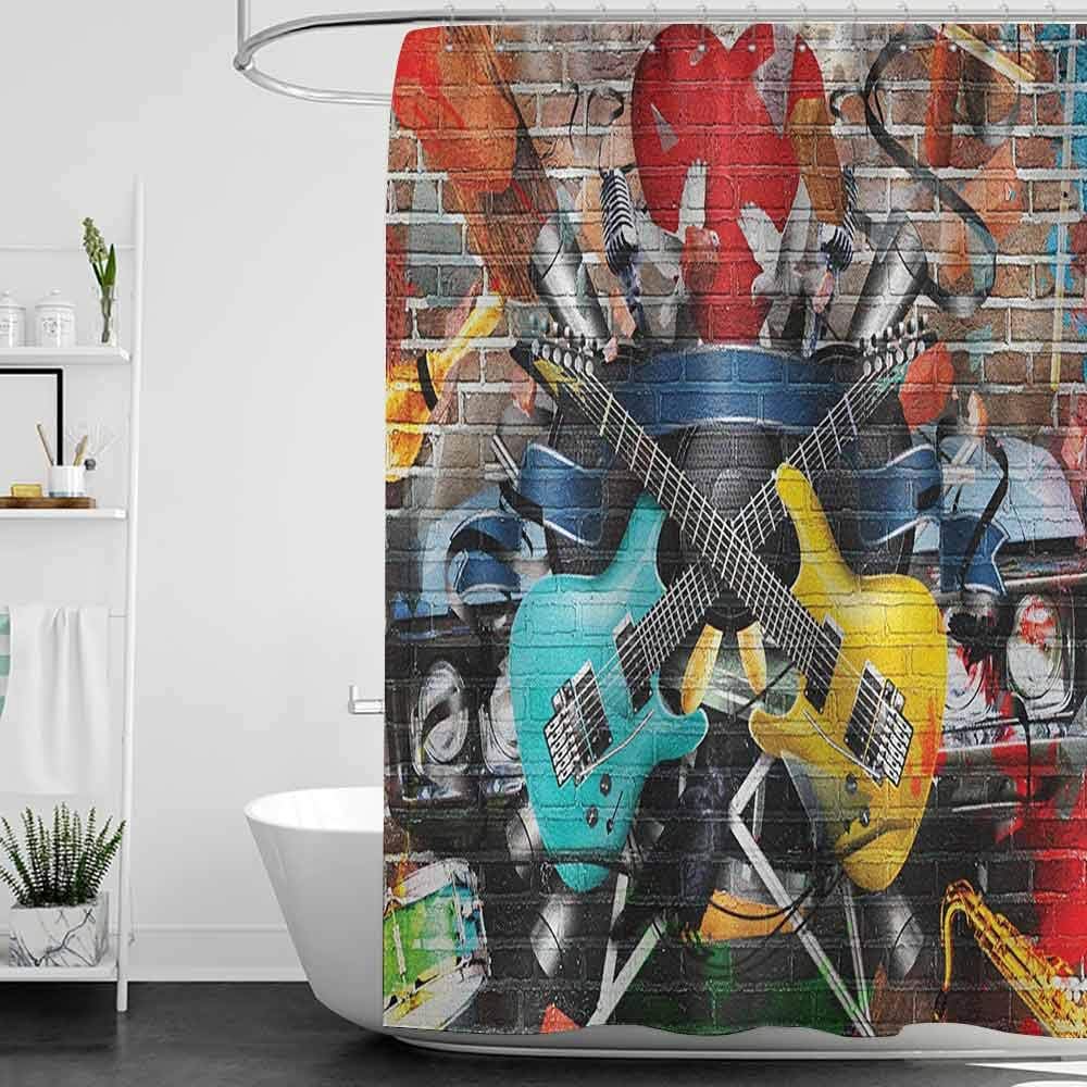 hengshu Music Odorless Waterproof Shower Curtain Collage of Music Color and Musical Instruments Street Wall Art Joyful Nostalgia Print Large Home Decoration W78 x L72 Inch Multicolor