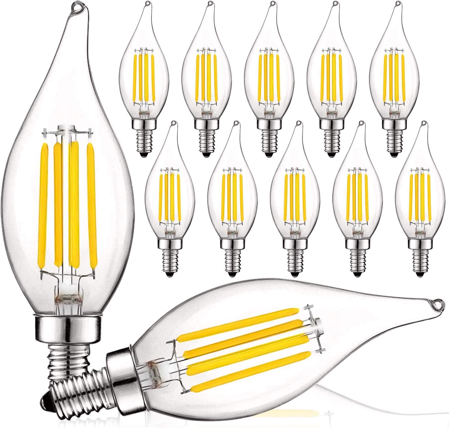 Luxrite Vintage Candelabra LED Bulb 60W Equivalent, 550 Lumens, 3000K Soft White, LED Chandelier Light Bulbs 5W, Dimmable, Flame Tip Clear Glass, Filament LED Candle Bulbs, E12 Base (12 Pack) - - 