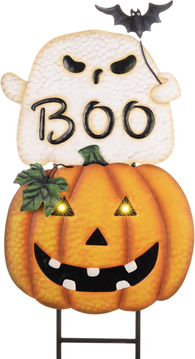 Decorative Garden Stakes - Valery Madelyn Pre-Lit Halloween Decorations Outdoor, Solar Garden Light Decor with 2 Stacked Jack-o-Lantern Pumpkin and Ghost, Metal Yard Art Lawn Oranments for Party Gift Porch Outside Patio 22.2 In
