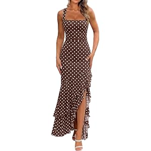 BORIFLORS Women's Bodycon Ruched Mermaid Ruffle Polka Dot Maxi Dress | Mesh Square Neck Fall Wedding Guest Long Cocktail Dres