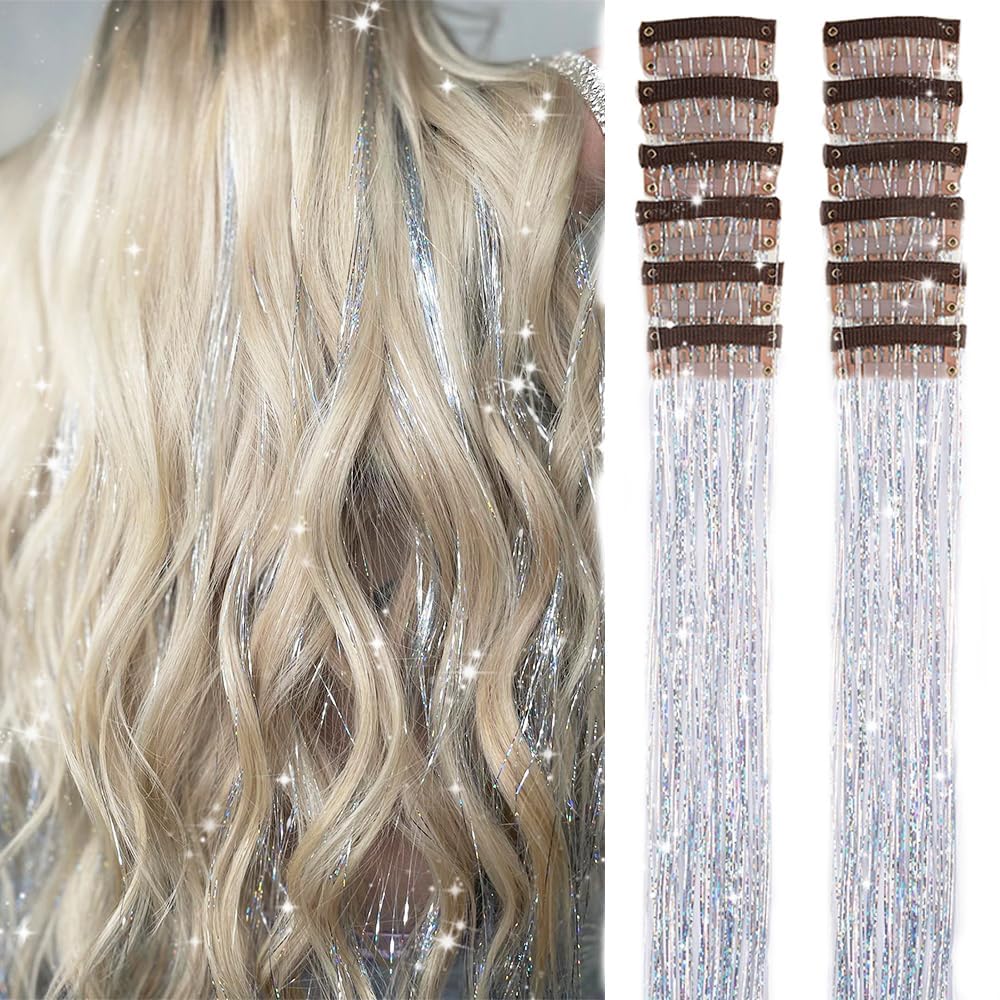 PORSMEER 12Pcs Clip in Hair Tinsel Kit,Colorful Silver Glitter Tinsel Extensions Fairy Hair with Clips, Sparkling Shiny Accessories 20 Inch for Women — image 1