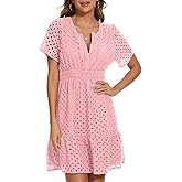 Women Summer Eyelet Lace Dress Casual V Neck Mini A Line Hollow Out Embroidered Formal Dress Sundresses