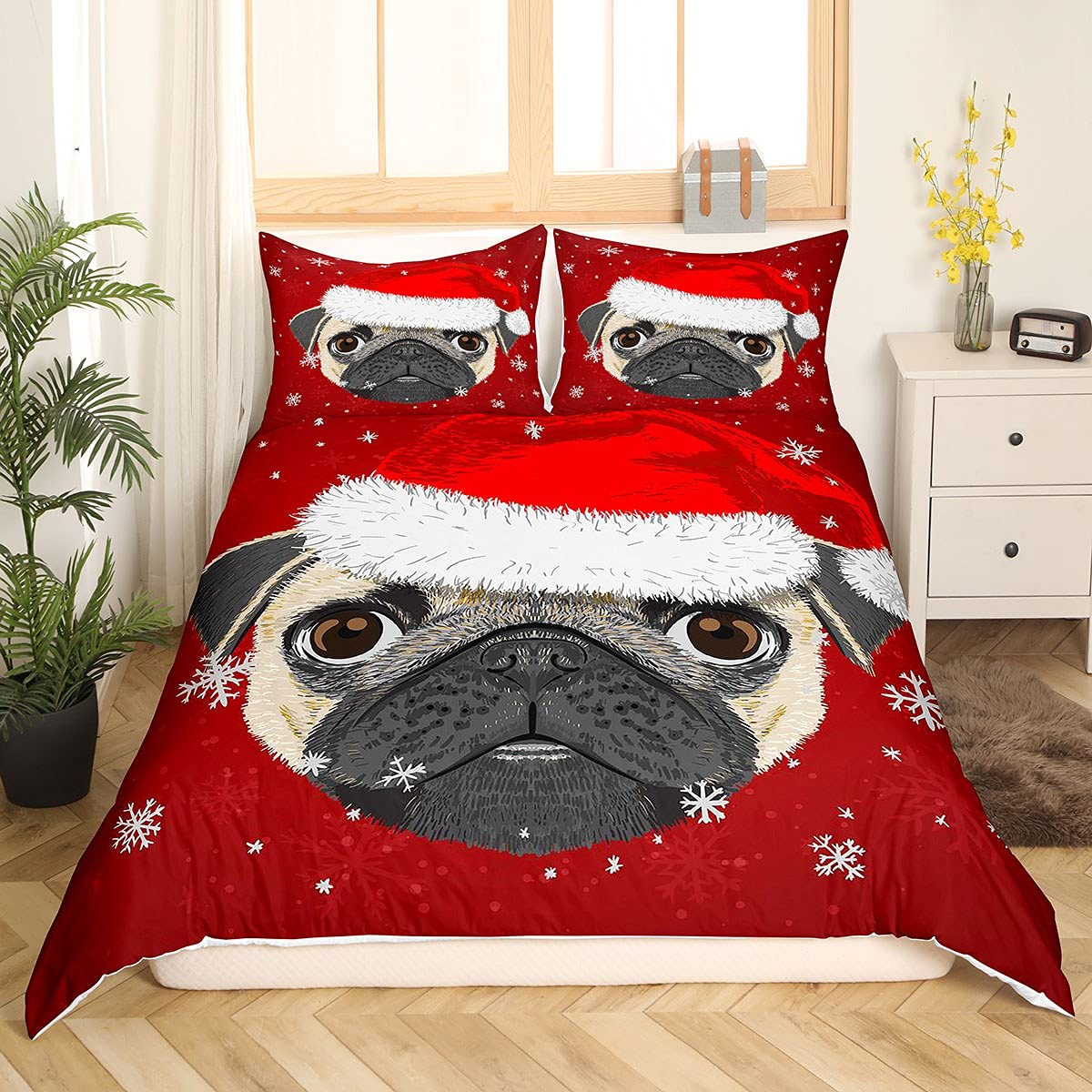 Christams Dog Bedding Set for Girls Boys Kids Cute Cartoon Pug With Christams Hat Bedding & Linenative Xmas Snowflake Duvet Cover Kawaii Pet Bedding & Linen Single Size 2Pcs