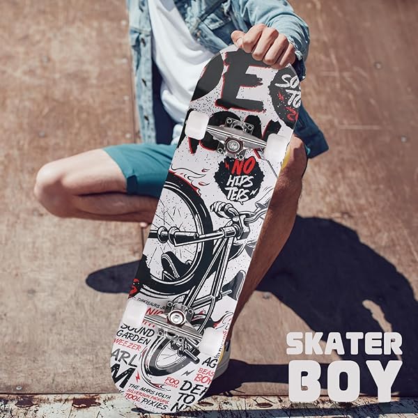 PROFESSIONAL DOUBLE KICK SKATEBOARD, 31 INCH MAPLE DECK, ABEC-9 BEARINGS, 95A PU WHEELS, CUSTOM GRAPHIC DESIGN (BICYCLE, 31IN)