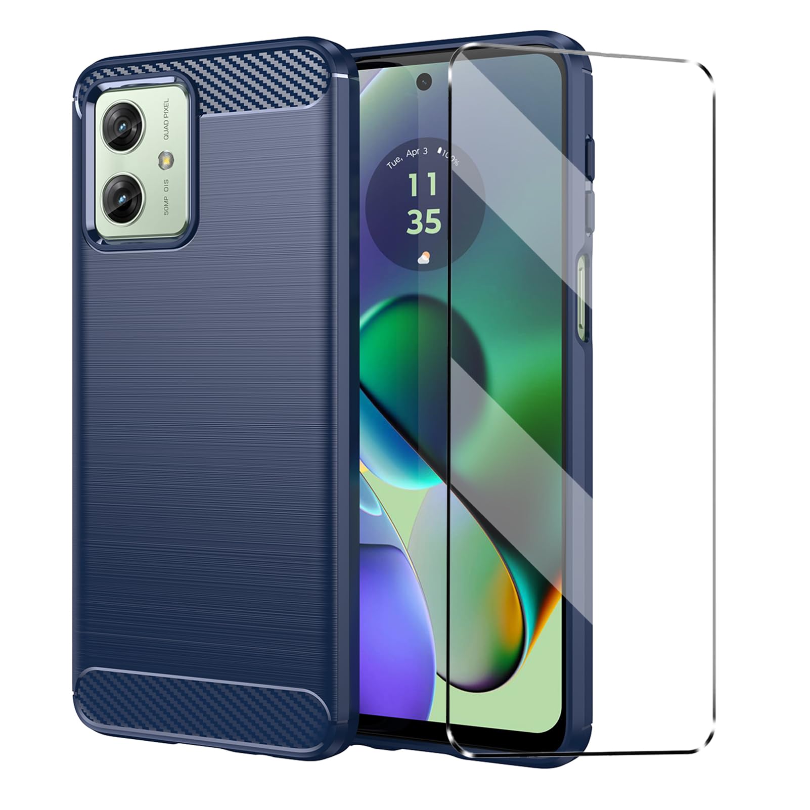 [2 in 1] Case Compatible with Motorola Moto G54 Cover with 1Pack Tempered Glass Screen Protector for Motorola Moto G54, Slim Fit Soft TPU Shockproof Anti-Scratch Phone Case Cover - Navy