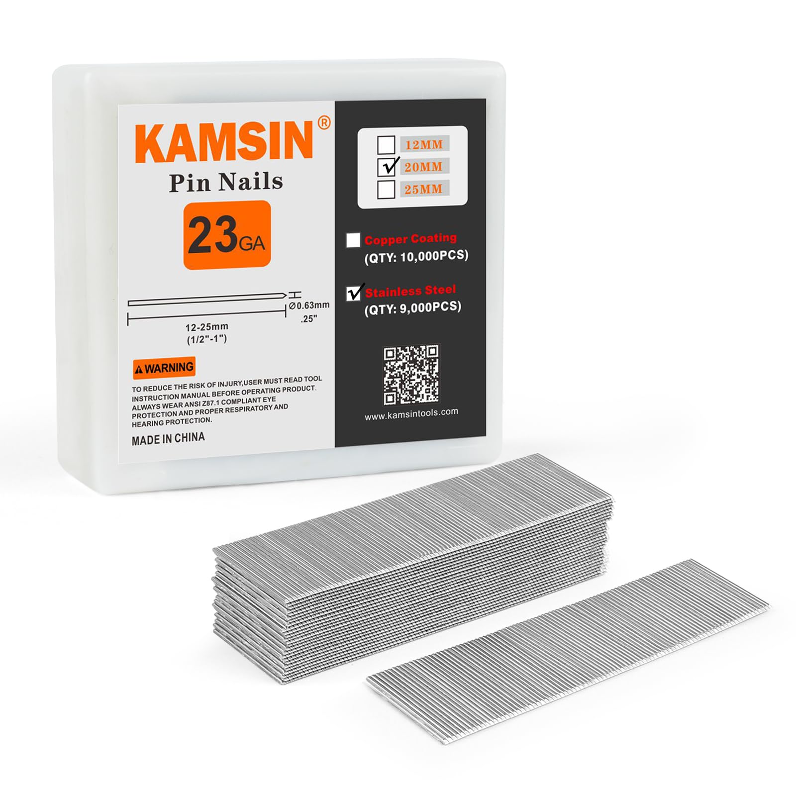 KAMSIN P620 Headless 23 Gauge Pin Nails, 3/4'' (20mm) Leg Length, Stainless Steel, 9,000 PCS/Box, Pin Nails & Fasteners for Pneumatic Pin Nailer Air Pin Nail Gun