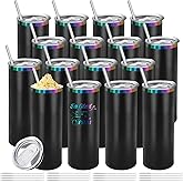 YOUKE OLA 16 Pack Rainbow Plated Stainless Steel Tumbler Straight Double Wall Powder Coated for Laser Engrave, 20oz Black To Iridescent