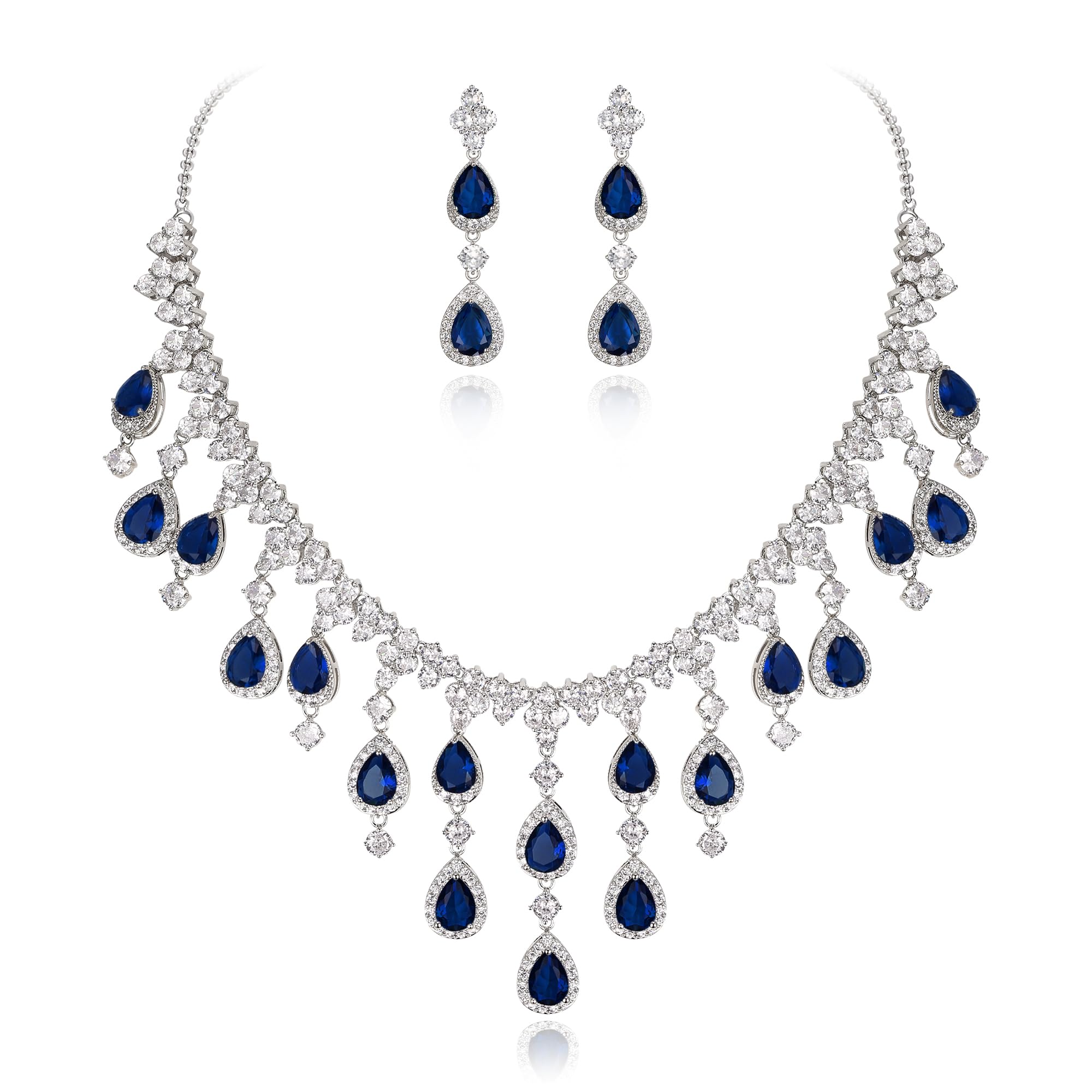 Ever Faith Women's Cubic Zirconia Gorgeous Water Drop Dangle Necklace Earrings Set Blue Silver-Tone