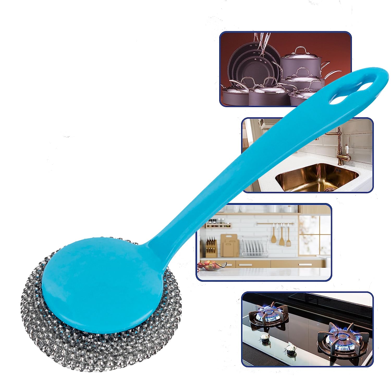 Zale Yardley Stainless Steel Sponges Scrubbing Scouring Pad Long Handle Washing Up Scourer Non Scratch Wire Brush Scrub Plus 1 Extra Scouring Pad Ball - Easy Grip Cleaning Pots Pans