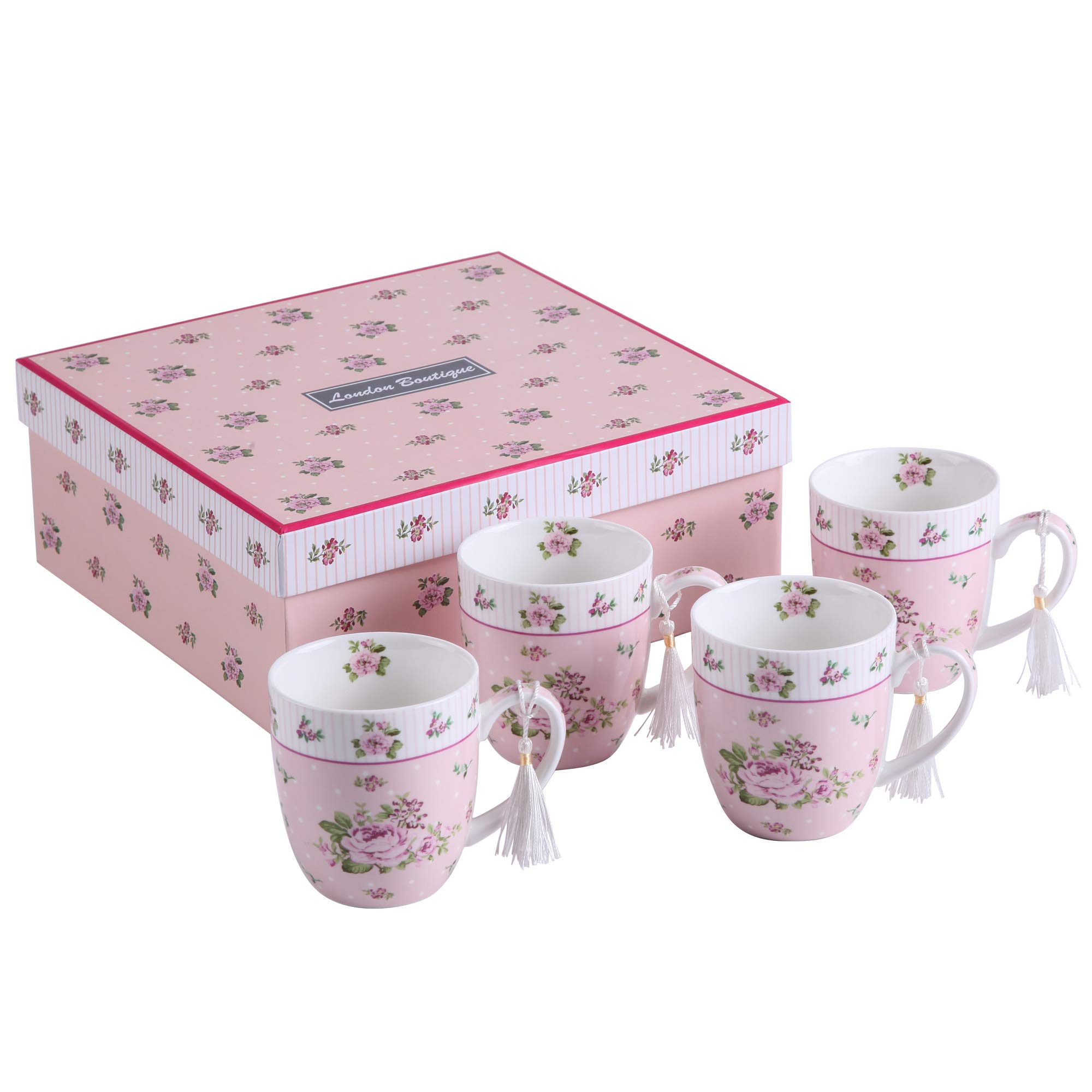 London Boutique Cups Mugs Set 4 Fine China Shabby Chic Vintage Retro Design in Gift Box 330ML (Rose Pink)