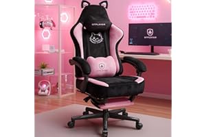 GTPLAYER Pink Gaming Chair Cute with Cat Ears Ergonomic Computer Chair with Cat Embroidery Adjustable Memory Foam Lumbar Support and Headrest Comfortable Reclining Office Chair Soft Velvet Fabric