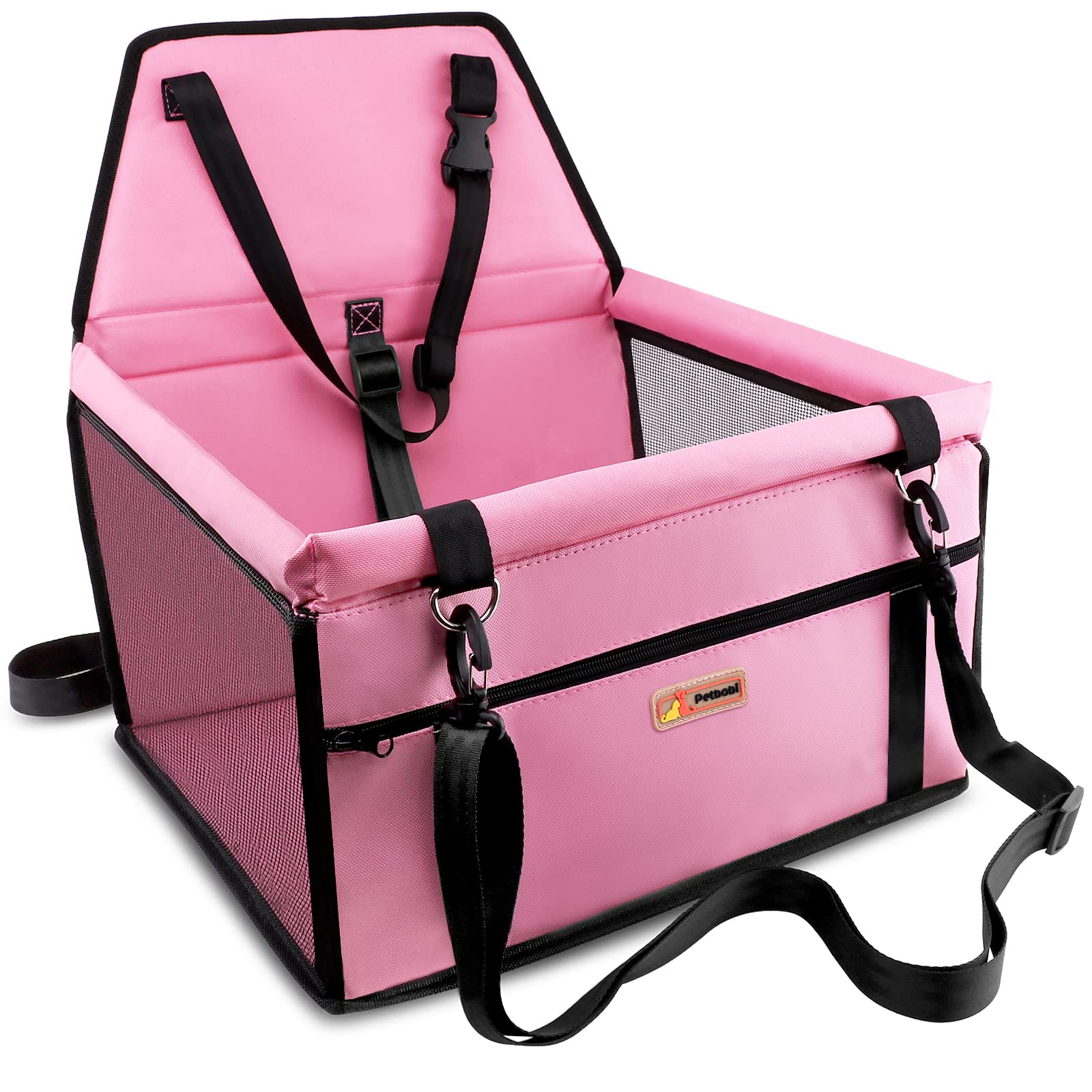 Photo 1 of Petbobi Pet Reinforce Car Booster Seat for Dog Cat Portable and Breathable Bag with Seat Belt Dog Carrier Safety Stable for Travel Look Out,with Clip on Leash with PVC Tube, Pink