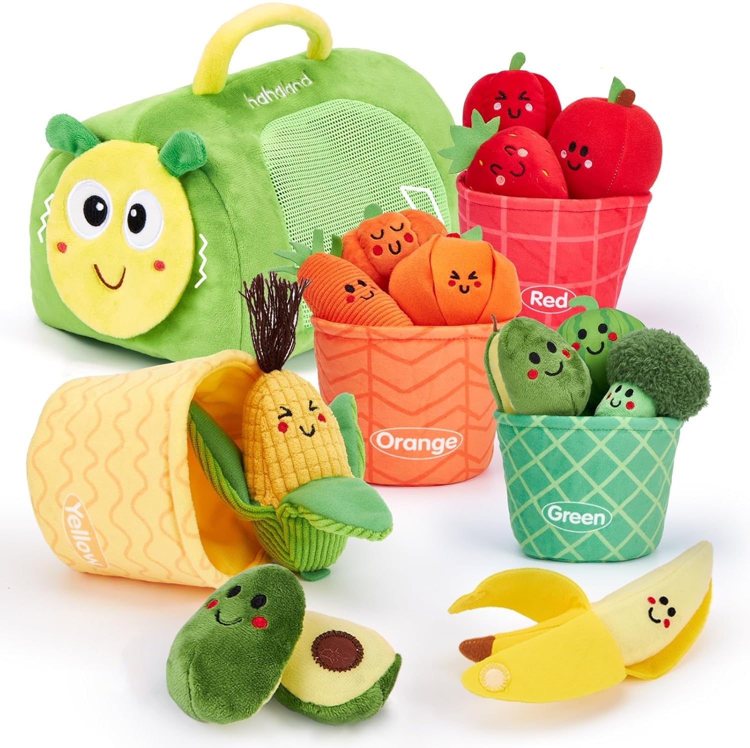 hahaland Baby Sensory Toys 6-9-12 Months, Plush Fruit & Veg Sorting Toy with Caterpillar Storage Bag, Colour Learning Basket Playset for Toddlers 1+ Year Old, Soft Educational Early Learning Gift