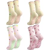 scenicamp 4 Pairs Cute Pilates Socks Women Grippy Athletic Crew Yoga Socks for Barre Workout Hospital