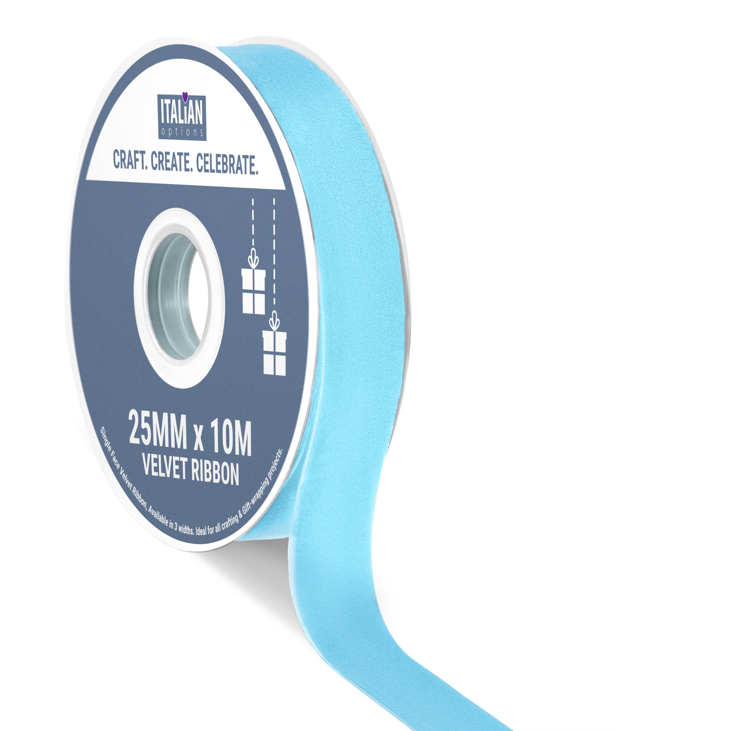 Italian Options Velvet Ribbon, Luxury, Single-Face Velvet Ribbon for Crafting, Christmas, Bows, Hair, Cakes, Weddings, Ornaments, Gift Wrapping, Flowers, 25mm x 10 Metre Roll, Soft Blue