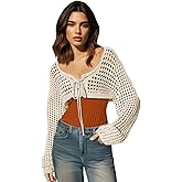 Womens Long Sleeve Crochet Shrug Tie Front Cropped Cardigan Sweaters Knit Bolero Outwear Tops