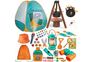 Qtioucp Kids Camping Set 50pcs with Tent & Space Projector Flashlight- Outdoor Campfire Toy Set for Toddlers Kids - Pretend Play Camp Gear Tools for Birthday Christmas