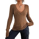ZAFUL Women's Cable Knit V Neck Sweater Slim Fit Long Sleeve Knitwear Casual Pullover Jumper Tops