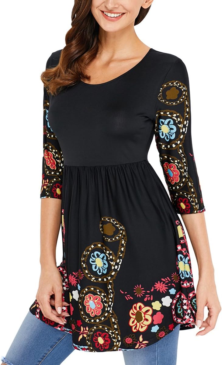 RedLife Women's Casual Tunic Blouses Floral Print Pleated Long Fit Tee Shirt Tops with 3/4 Sleeves