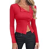 CSDAJIO Asymmetrical Neck Long Sleeve Ribbed Crop Tops for Women Button Up Fall Shirt Casual Basic Tee Top