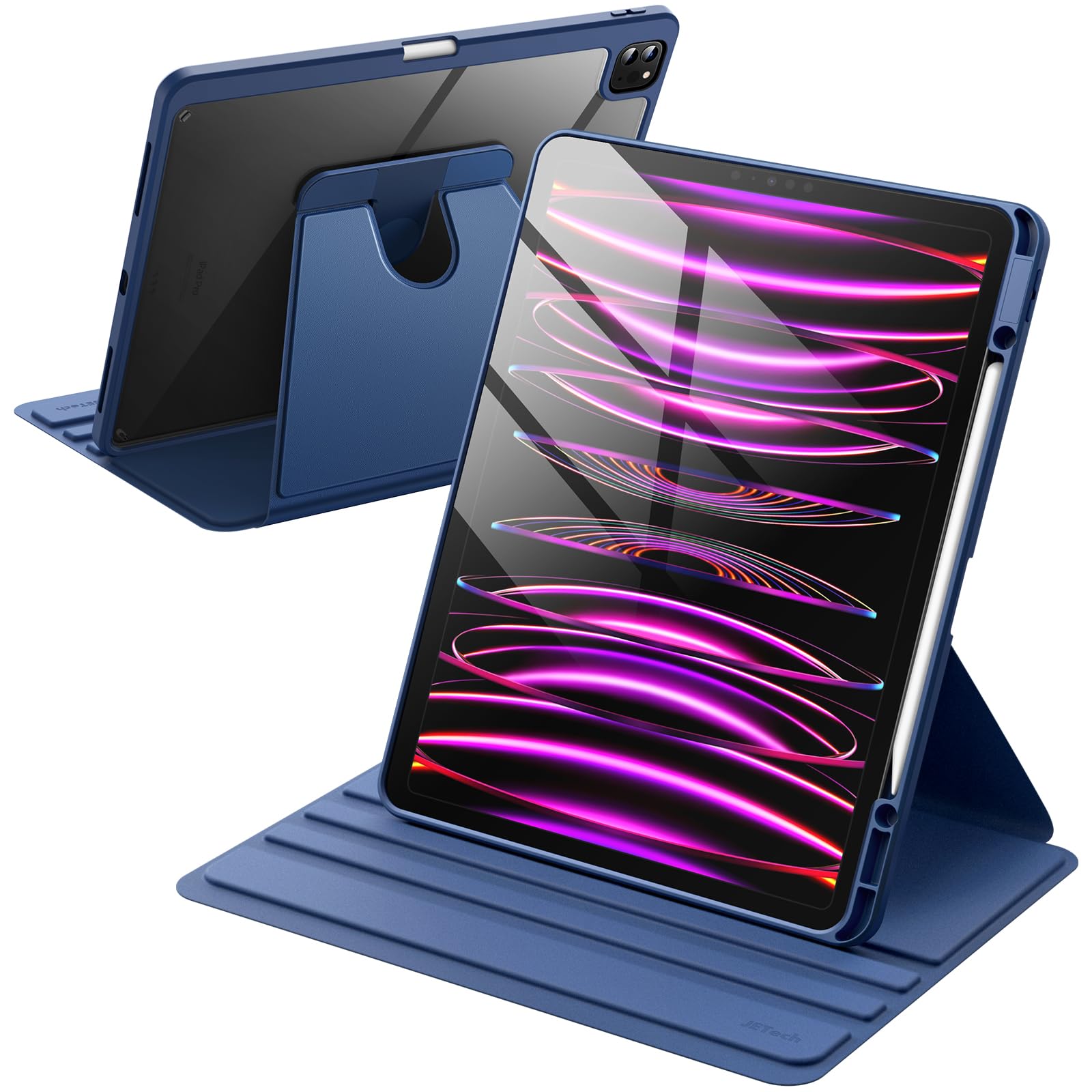 JETech Rotating Case for iPad Pro 12.9-Inch (2022/2021/2020/2018) with Pencil Holder, 360 Degree Rotation Protective Stand Cover Clear Back, Auto Wake/Sleep (Navy)