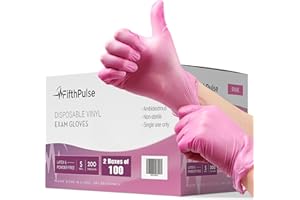 FifthPulse White and Pink Vinyl Disposable Gloves 200 Pack - Powder and Latex Free Medical Exam Gloves