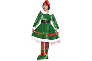 WeGuard Elf Costume for Women 5pcs Christmas Outfit Adult Santa Dress Plus Size with Hat Belt Shoes Cover Socks Xmas