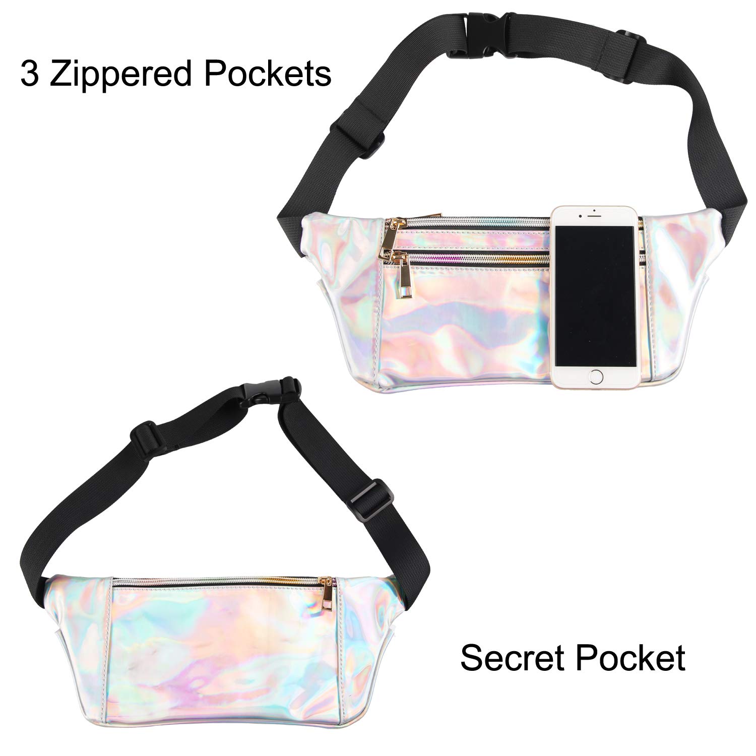 Fanny Pack Waist Bag Women Bum Pouch Pocket Cute Holographic Shiny Iridescent Adjustable Belt Travel Running (Silver)