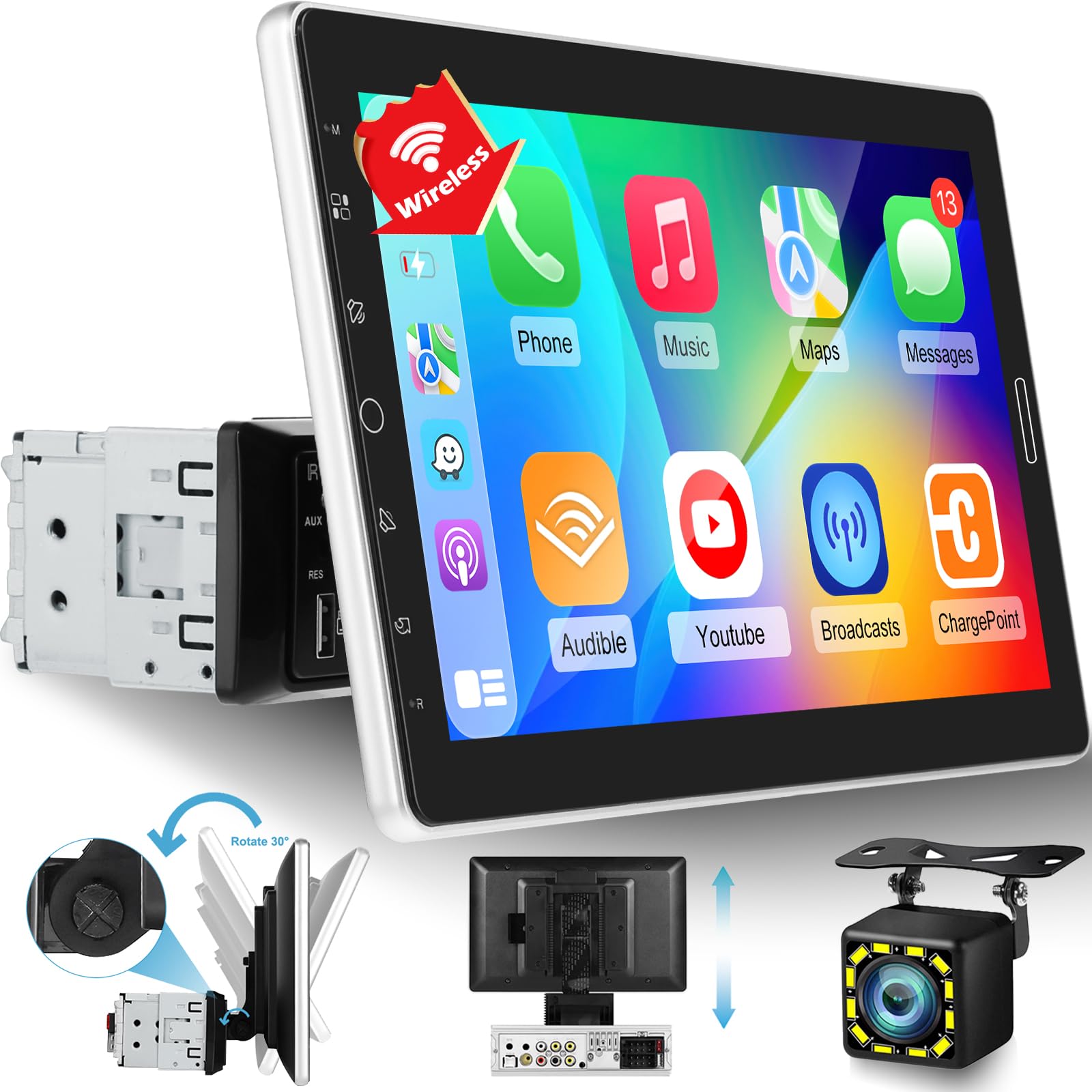 Photo 1 of 10.1 inch Single Din Touchscreen Radio 10 inch Car Stereo with Wireless Carplay Support AM FM Radio/YouTube Video/Bluetooth/Car Play/Android Auto + Backup Camera + Mic