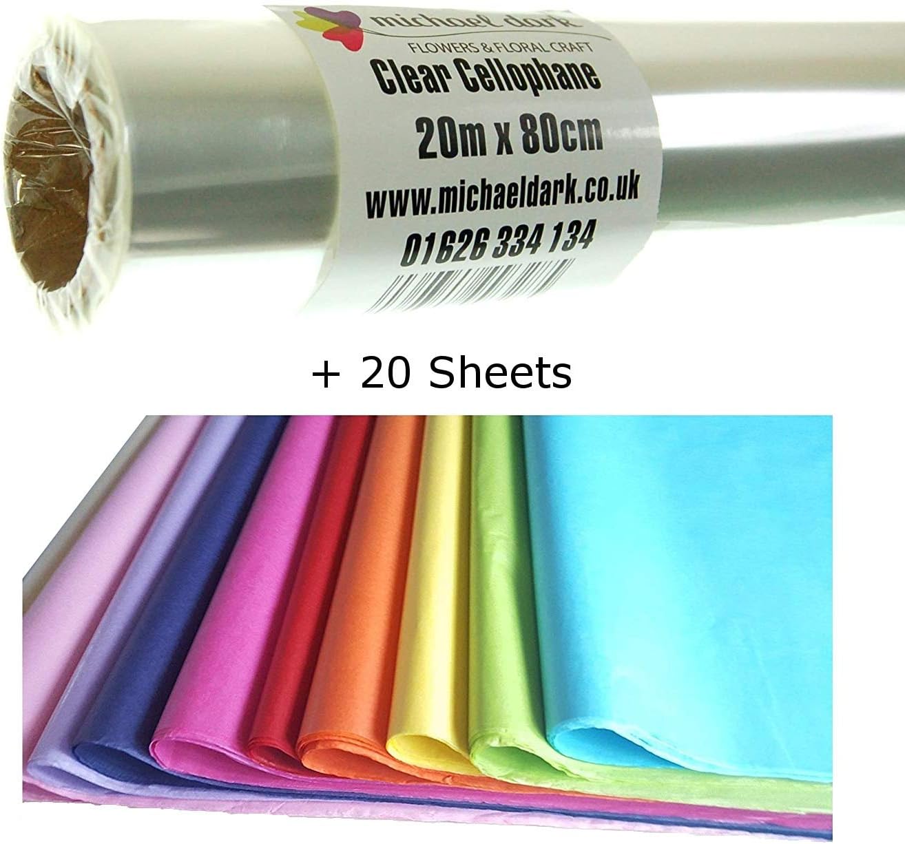 20 Meter x 80 Centimeter Clear Cellophane Florist Wrap and Assorted Multi Coloured Tissue Paper 50 Centimeter x 75 Centimeter Special Pack Baskets, Hampers, Flowers
