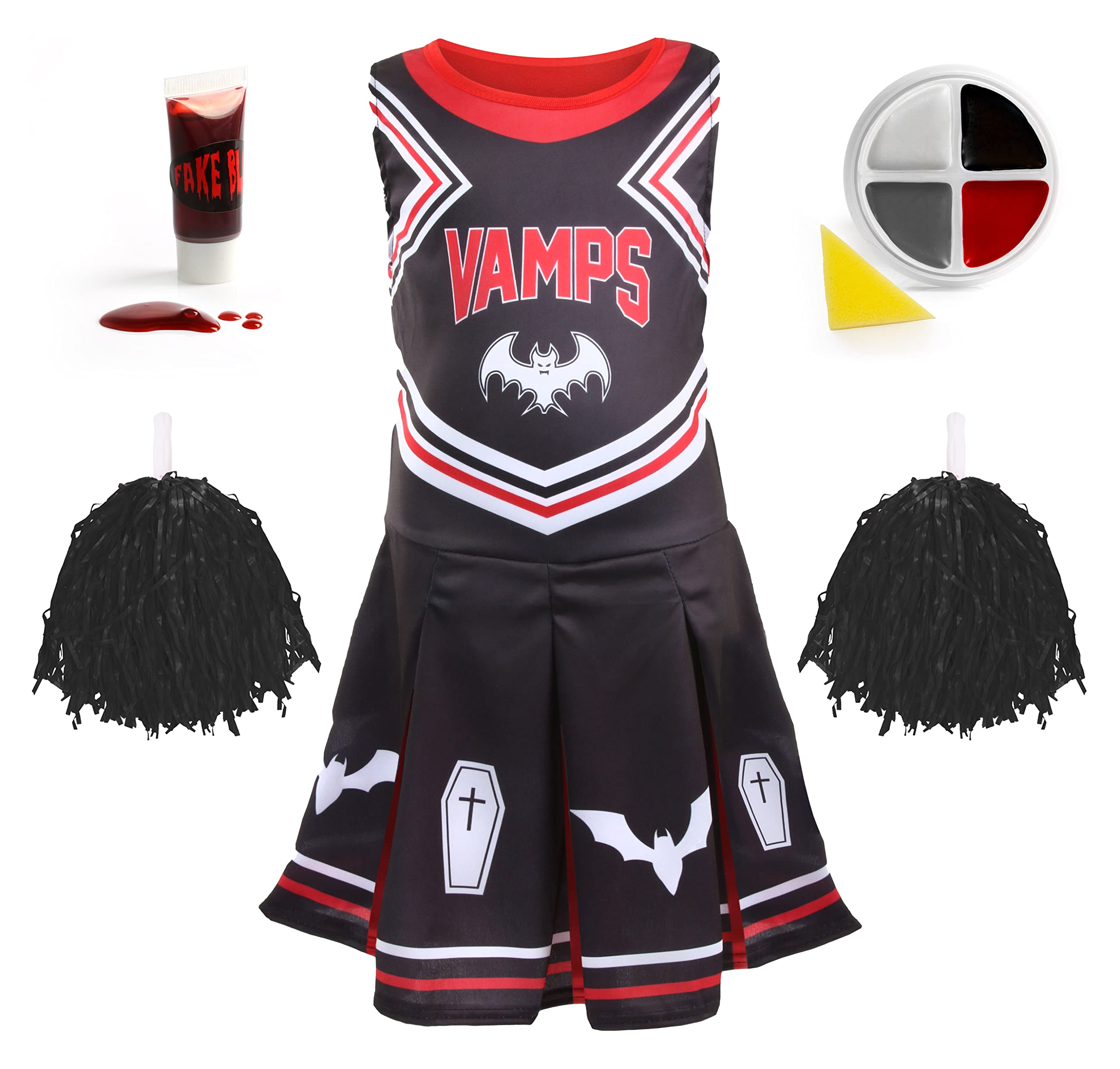 Girls Halloween Vampire Cheerleader Costume - Medium - Black Cheerleader Dress with Red Pom Poms, Fake Blood and Facepaint - Kids Halloween Trick or Treat Fancy Dress Costume
