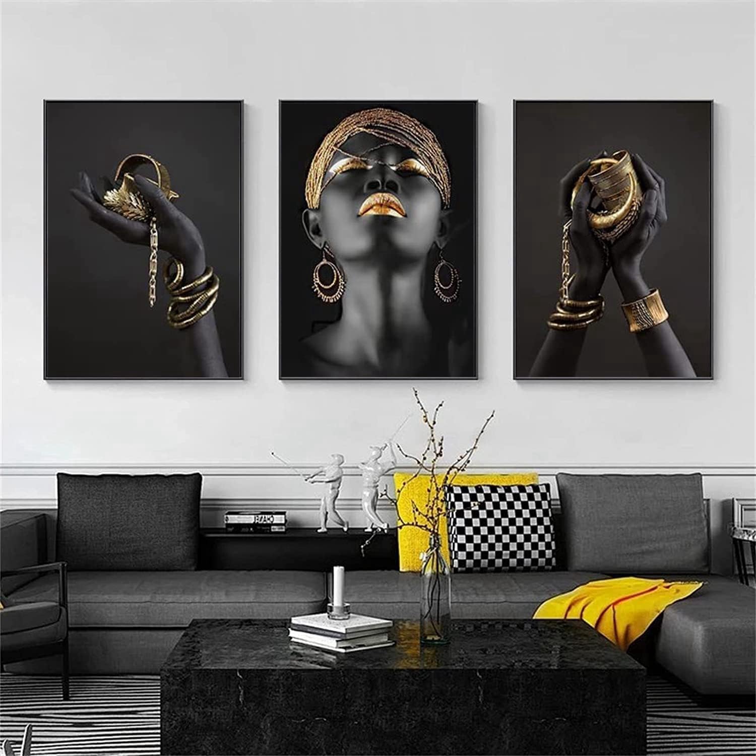 LPFNSF Modern Art Decoration Poster, Gold and Black African Women's Decoration Poster, Living Room, Bedroom, Home Printing Decoration Painting, Frameless. (Style 1, 60x90cm*3)