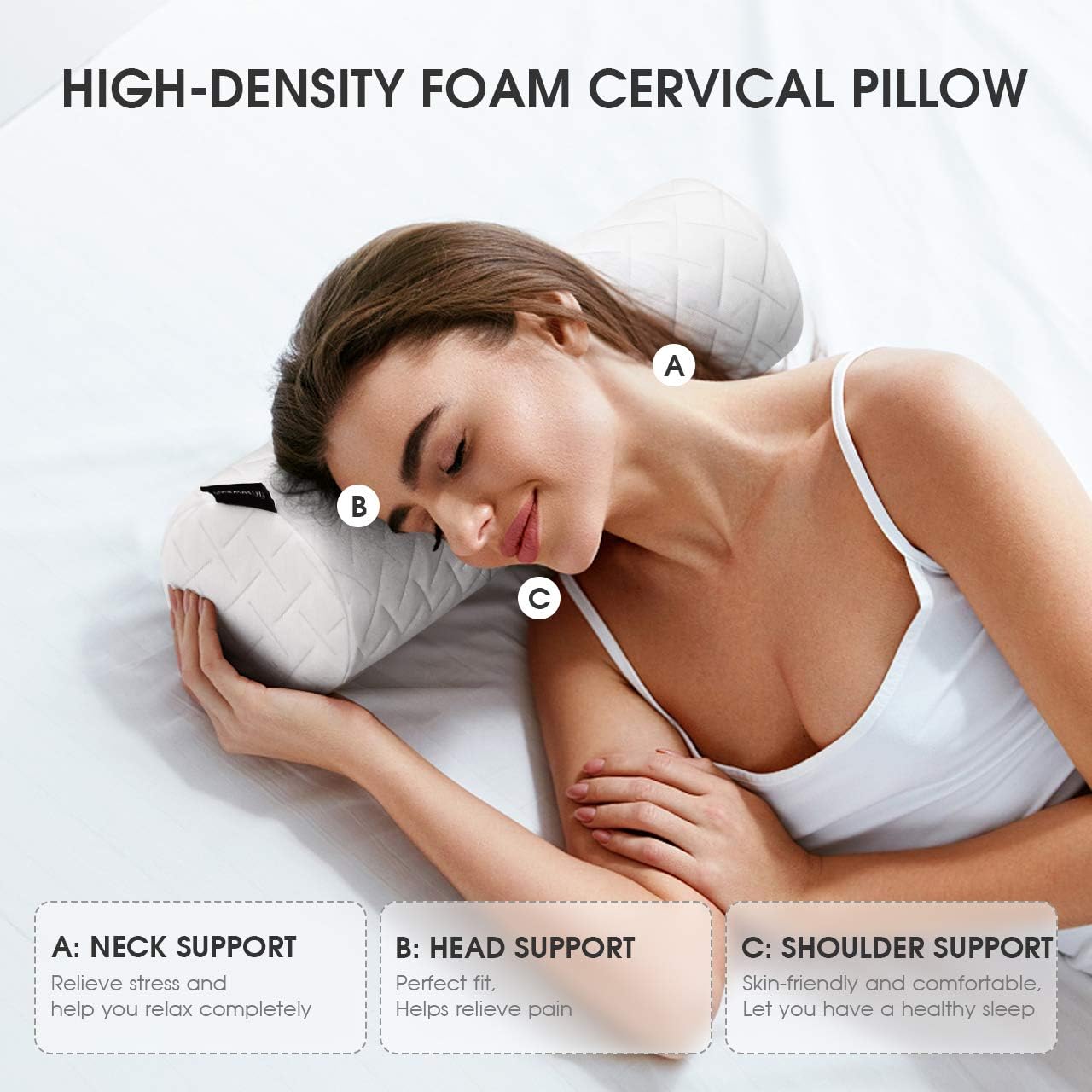 HOKEKI Cervical Bolster Round Pillow and Memory Foam Neck Roll for Neck, Spine, Lumbar Traction, Spondylosis Pain Relief with Washable Coat, 4” Diameter x 18 “Length (White): Home & Kitchen