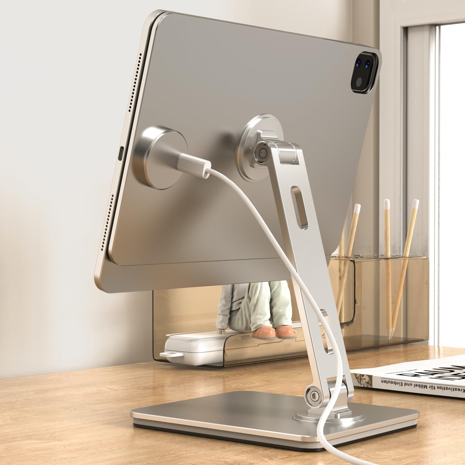 Photo 1 of Magnetic Charging Stand for iPad Pro 11, Aluminum Foldable Charger Stand with 360° Rotation, USB-C Fast Wireless Charger Station for iPad, Holder Mount for Office (Rechargeable Version)