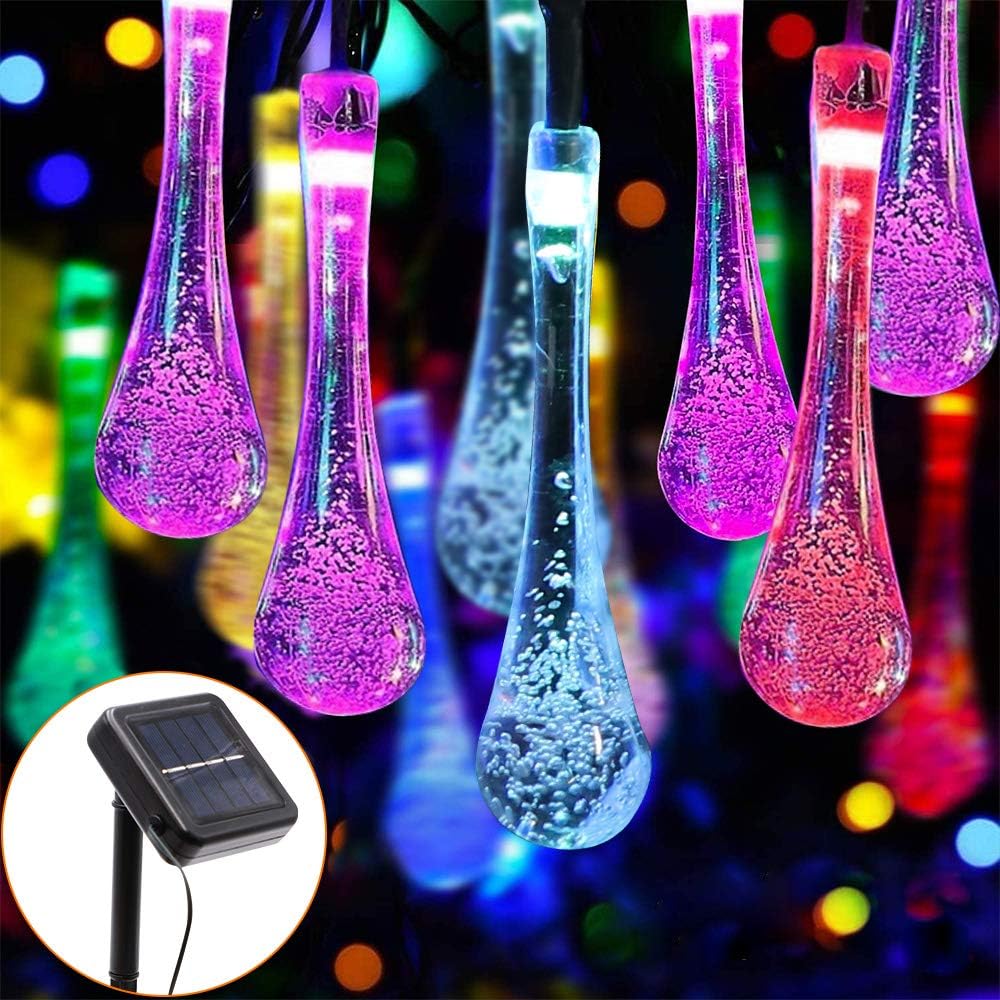 PUHONG Solar String Lights Water Drop Lights,2 Pack 20 Feet 30 LED Fairy Tear Drop Lights with 8 Modes, Waterproof Crystal Lights for Garden Patio Yard Home Bar Party Xmas Easter Decor(Multicolor)