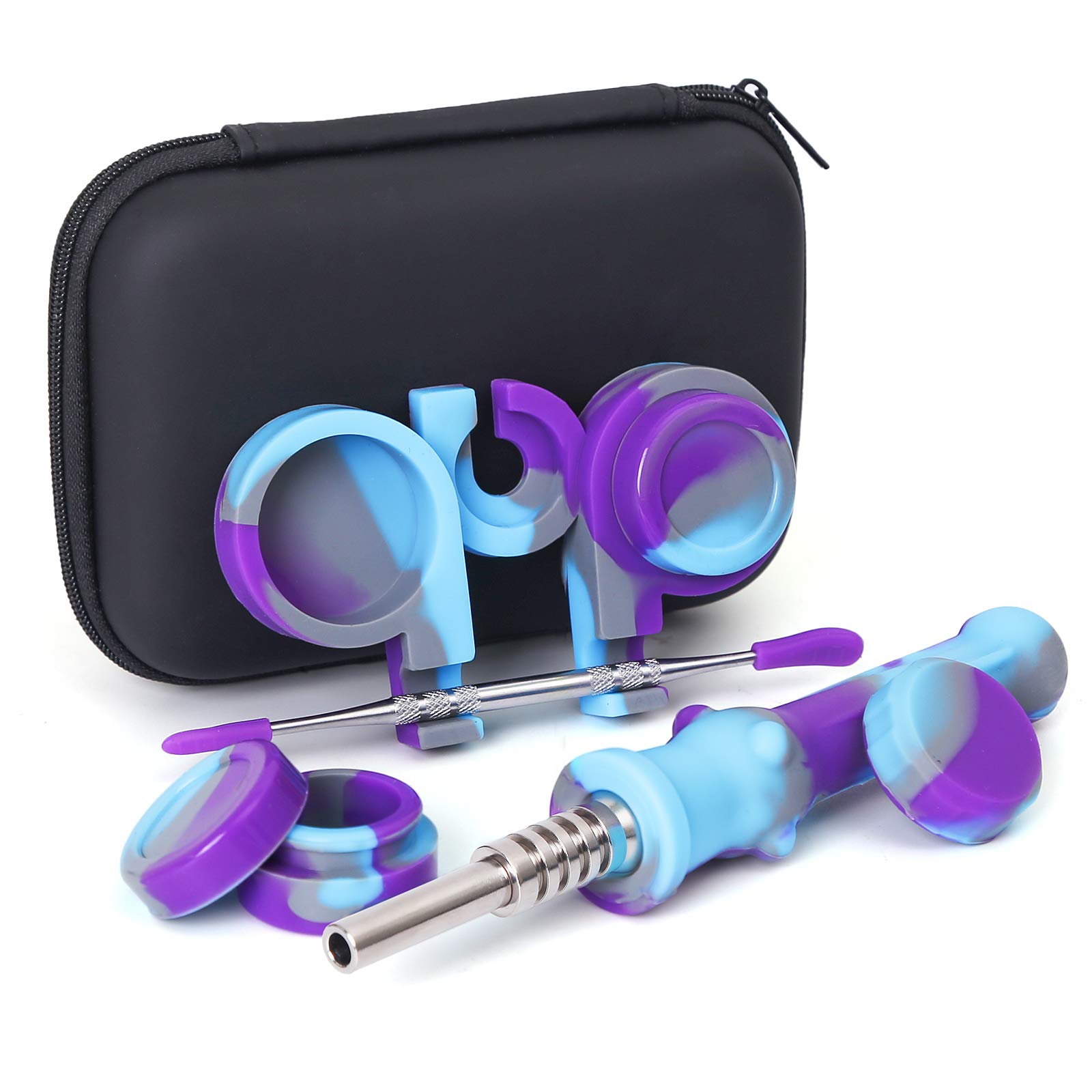 SUNNEKO Silicone Honeybee Vapor Straw Kit, Dab Straw & Oil Rigs Bowls, Collector, Titanium Tip, 6.5” Silicone Wax Carving Travel Tools Kit with Travel Case (Blue & Purple)