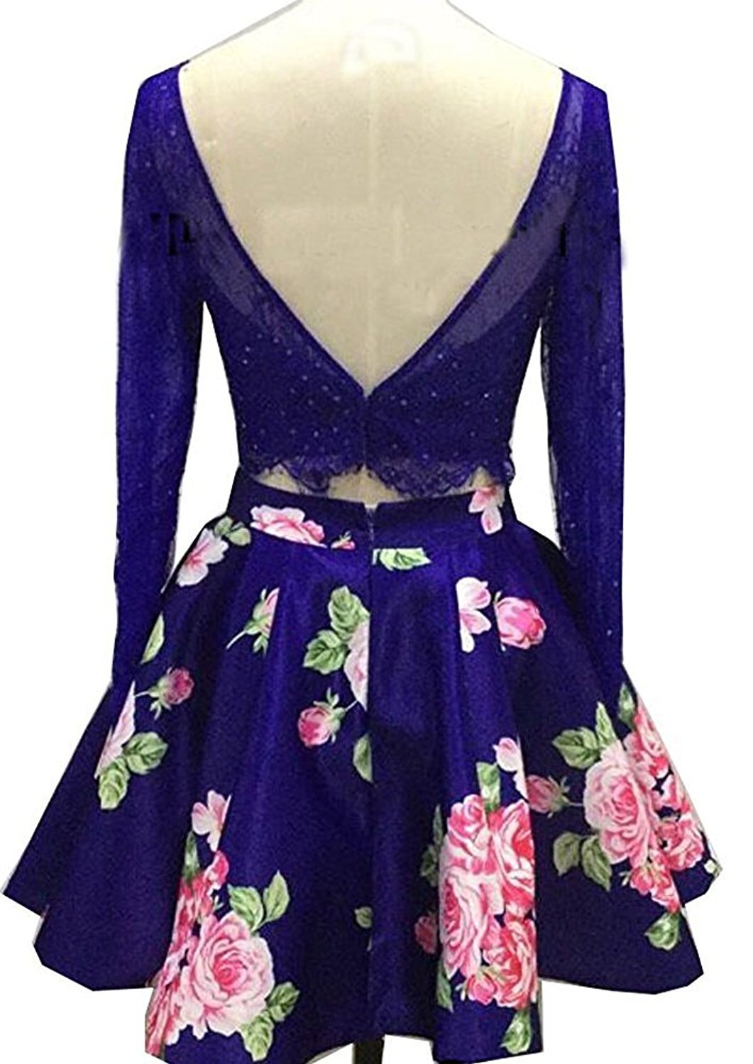 Women's Lace Floral Prom Dress Short Two Piece Long Sleeve Formal