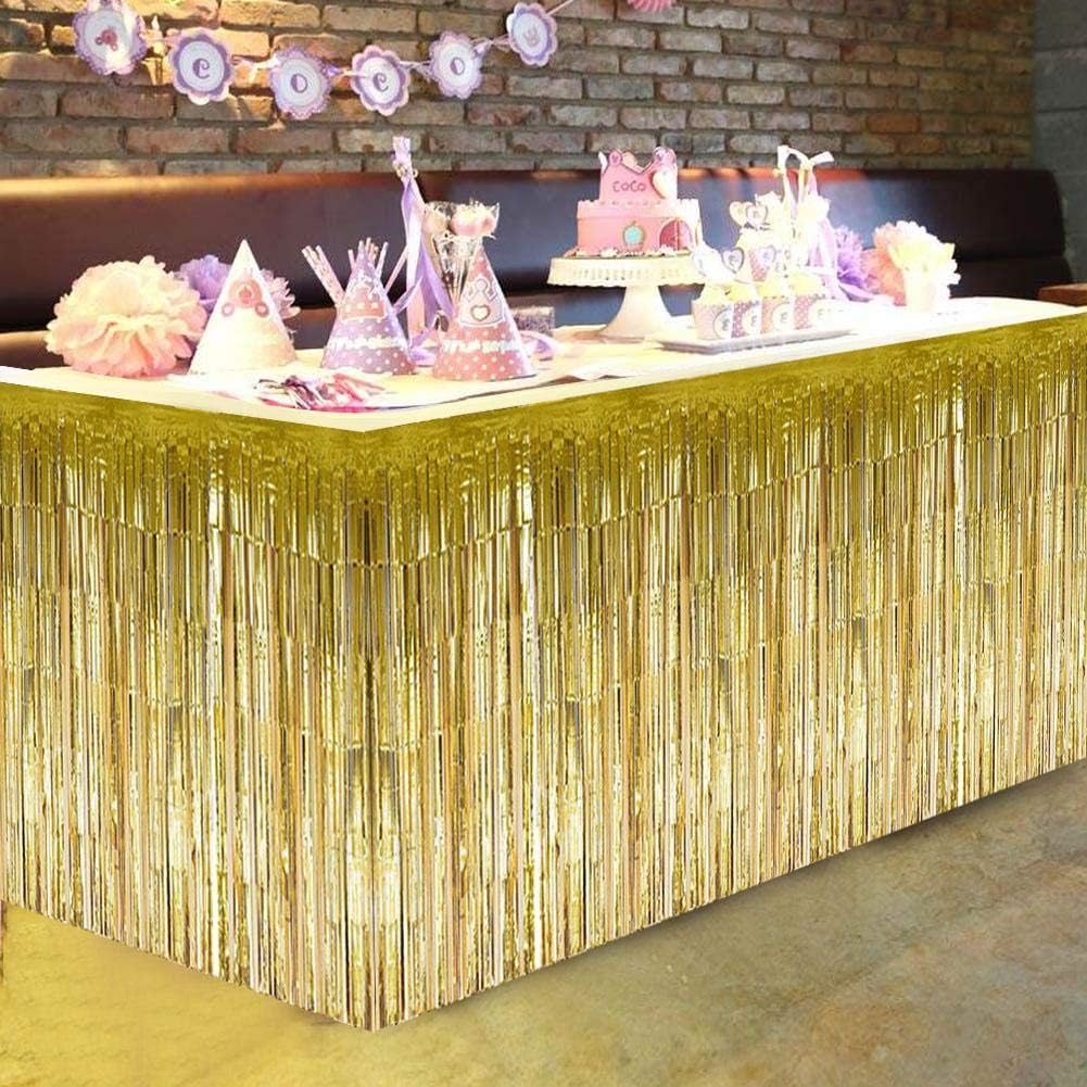Wifehelper Table skirt with fringe, suitable for round table rectangular, gold, silver, purple (gold), 107.9 x 29.1 inch (Rectangular) - Image 5