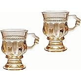 HMFDYHz Vintage Glass Coffee Mugs with Handles,4oz Wine Goblet, Set of 2 Embossed Drinking Glassware for Cappuccino, Latte, Wine, Champagne, Beverage Christmas Thanksgiving Party Wedding(Amber)