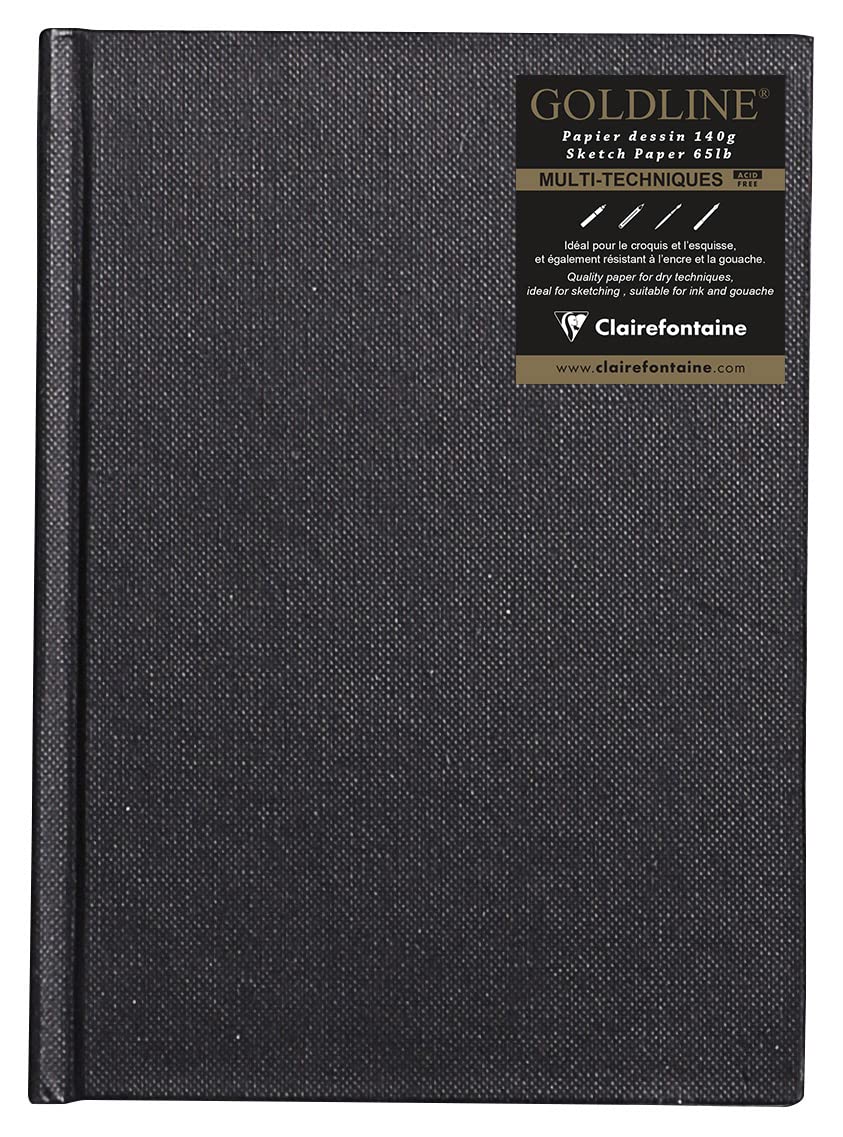 Clairefontaine - Ref 34247C - Goldline Casebound Pad (64 White Sheets) - A6 (148 x 105mm) Size, 140gsm Paper, Portrait Layout - Black Cover - Suitable for Dry Techniques