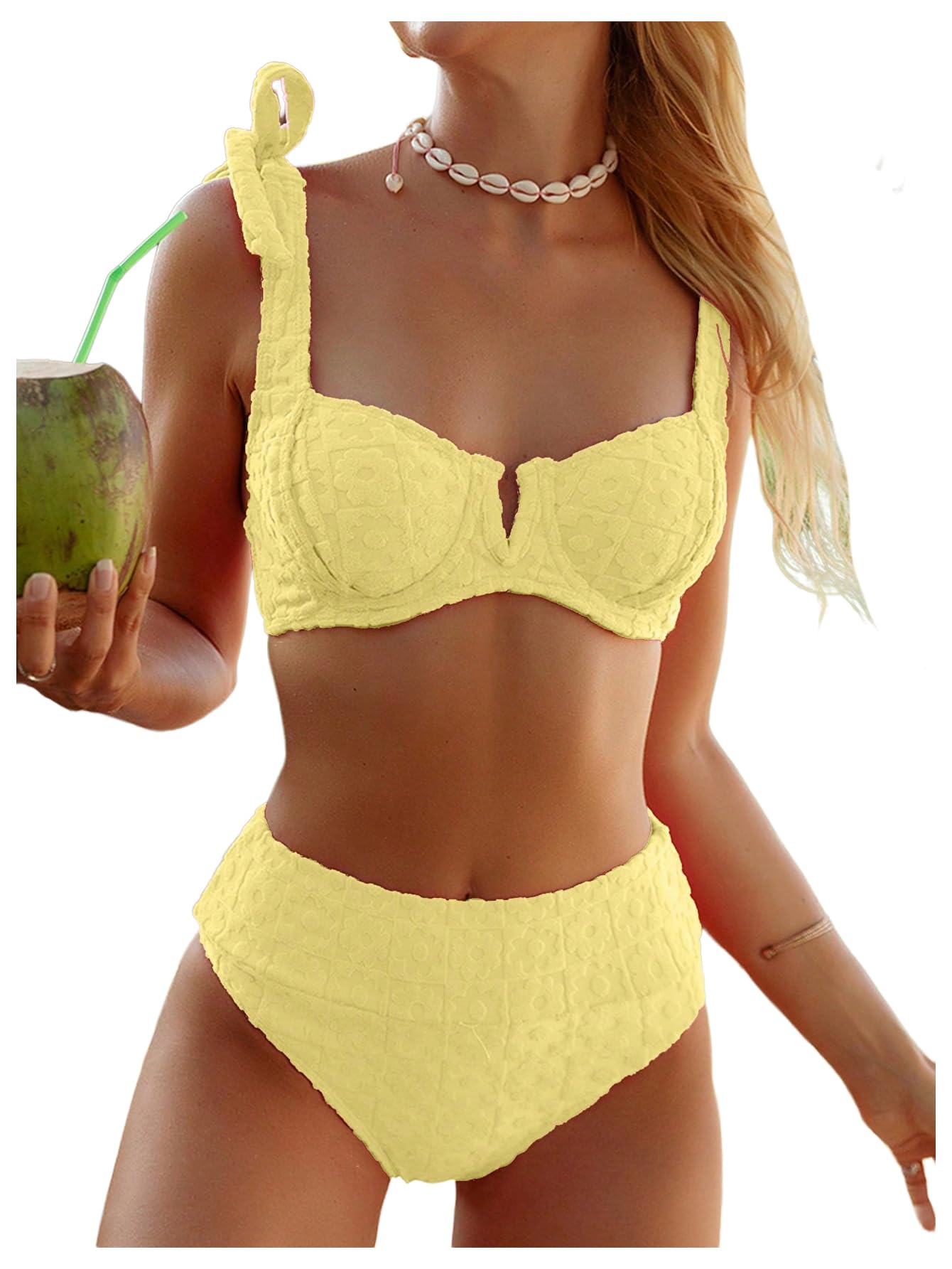 Photo 1 of SOLY HUX Women's High Waisted Bathing Suit Tie Shoulder Underwire Summer Swimsuit Bikini Set Pure Yellow Medium