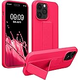 kwmobile Case Compatible with Apple iPhone 14 Pro Max - Case with Hand Strap and Stand Soft TPU Silicone Coating - Neon Pink