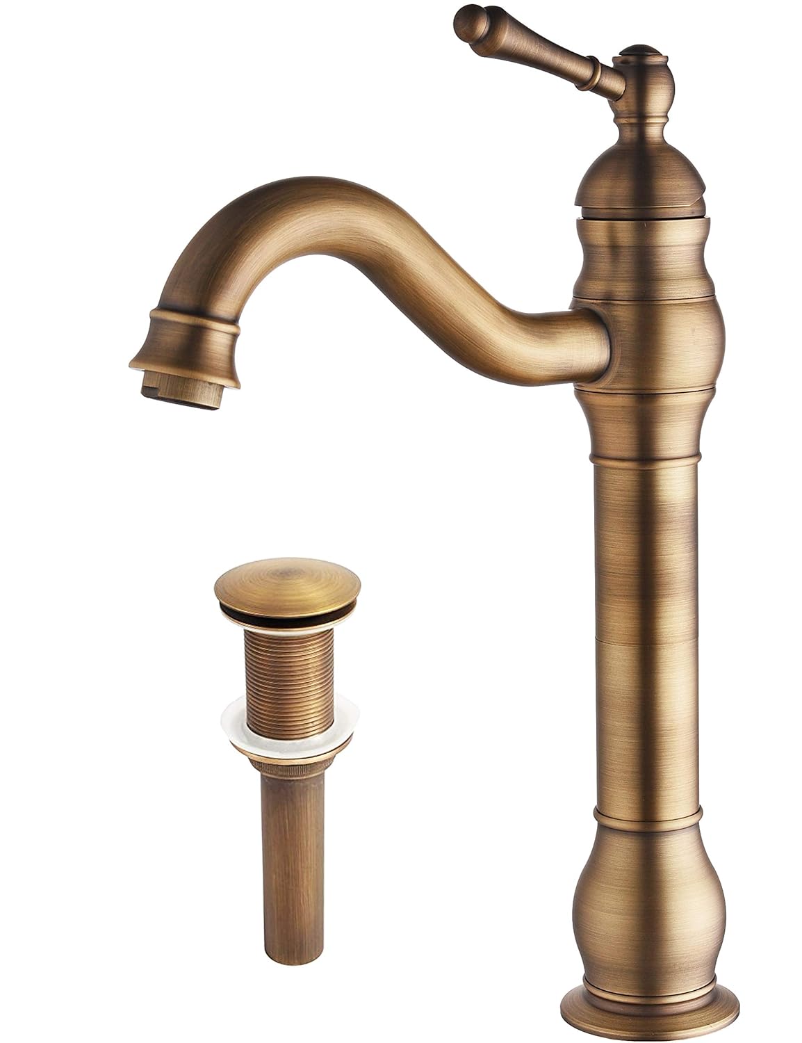 MYHB 360° Swivel Spout Bathroom Vessel Sink Faucet with Drain Brass Single Handle Lever Mixer Tap, 2515AB Antique Brass